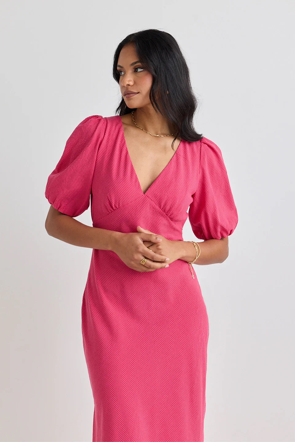 Amora Bias Midi Dress - Raspberry Ditsy Gingham