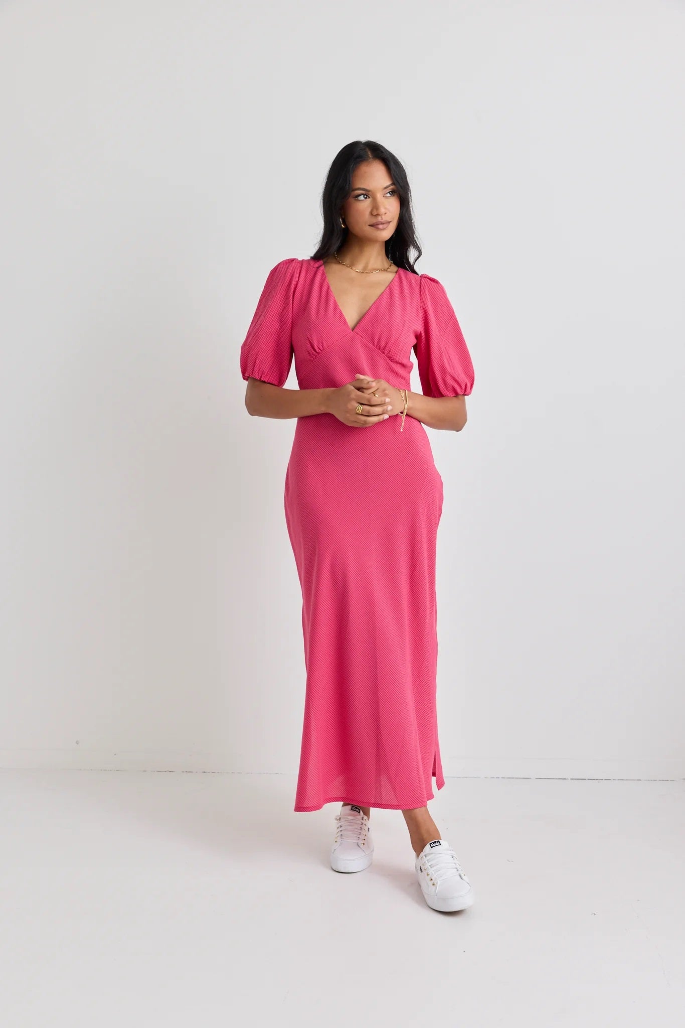 Amora Bias Midi Dress - Raspberry Ditsy Gingham