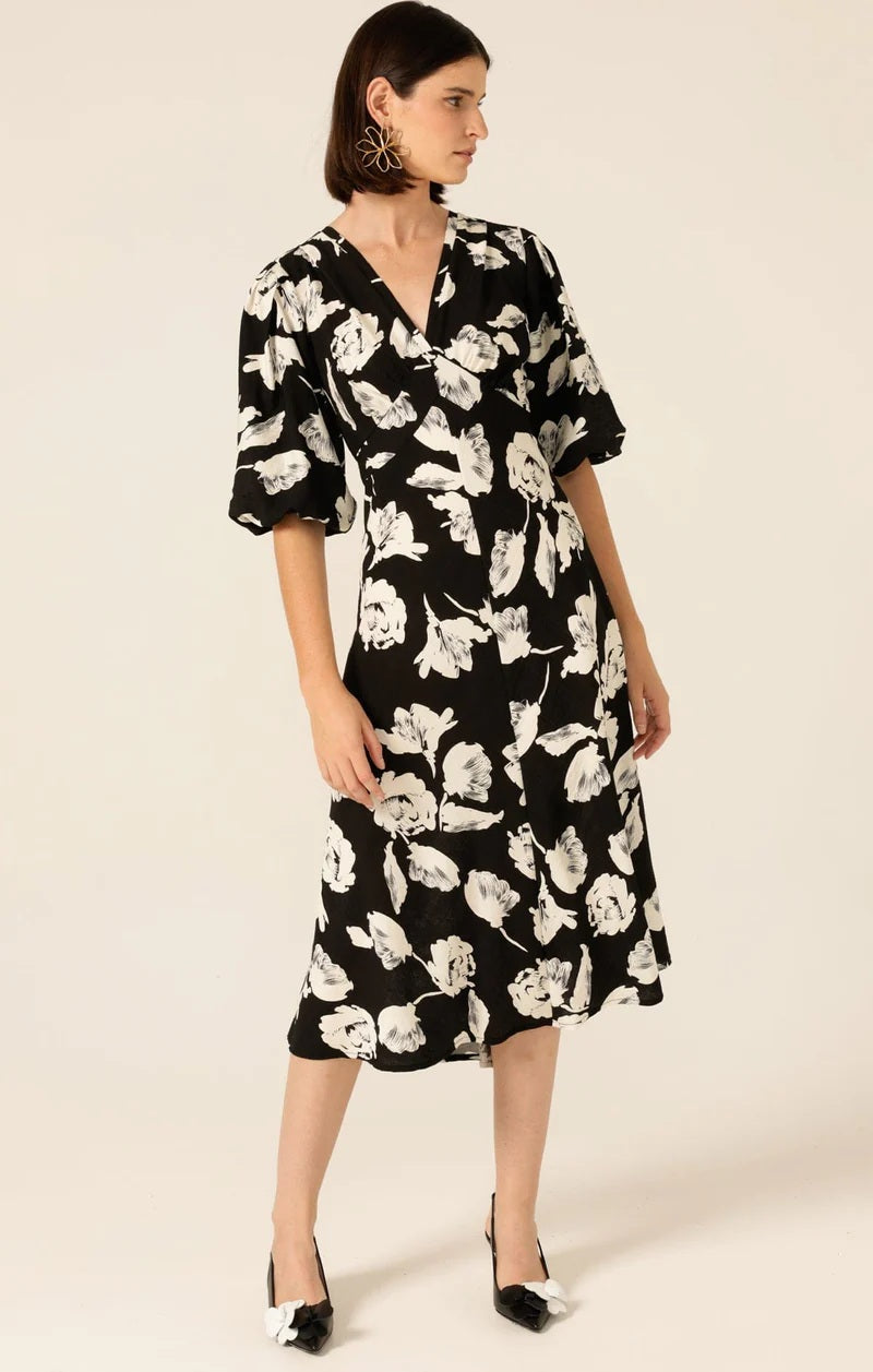 Moonbeam Meadow Midi Dress - Black/White Flower