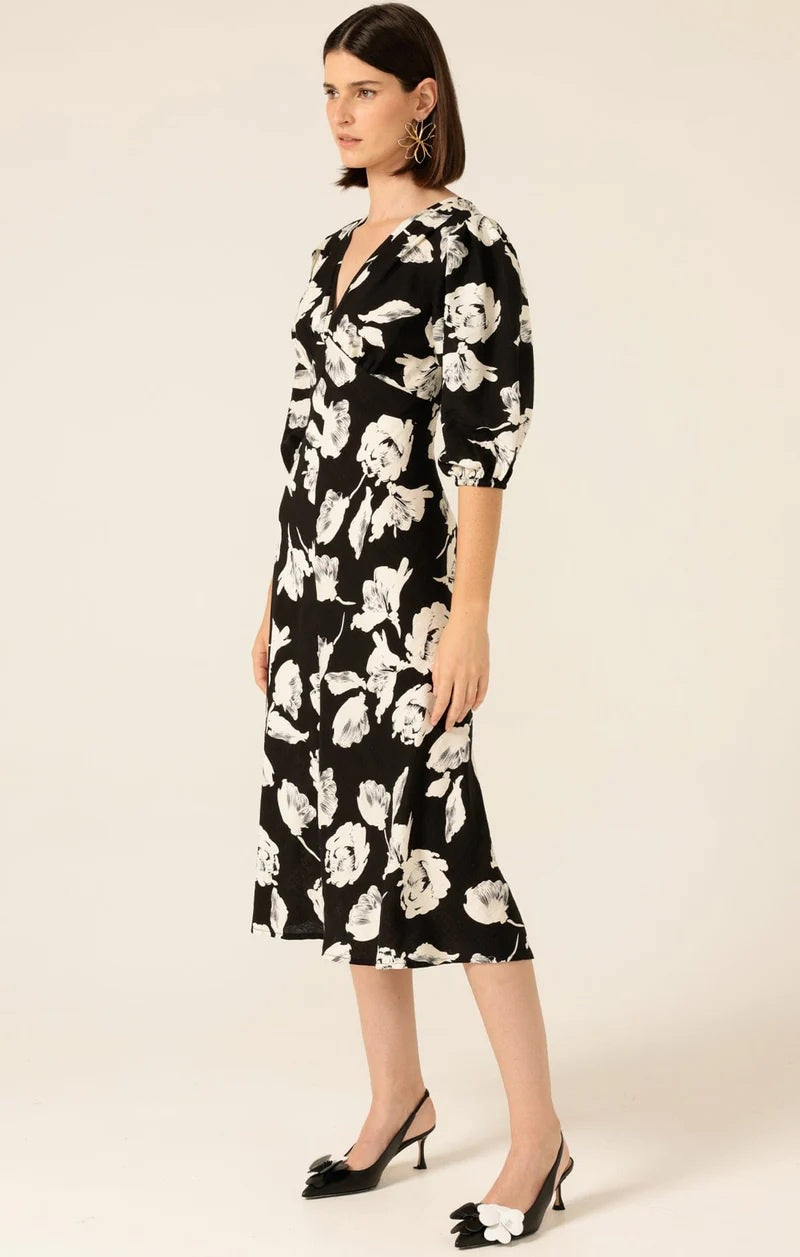 Moonbeam Meadow Midi Dress - Black/White Flower