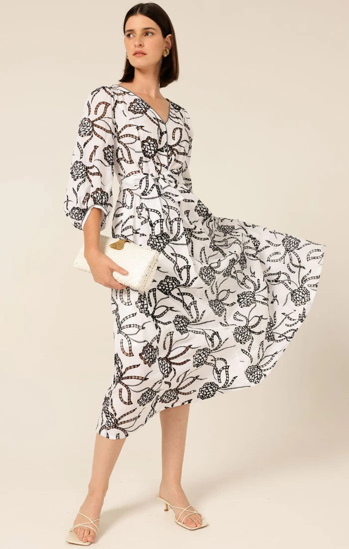Radiant Realm Midi Dress - White/Black Embroidery