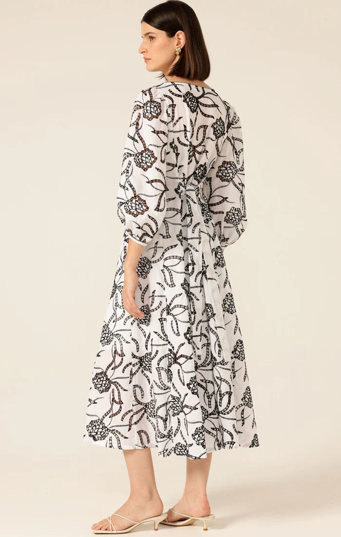 Radiant Realm Midi Dress - White/Black Embroidery