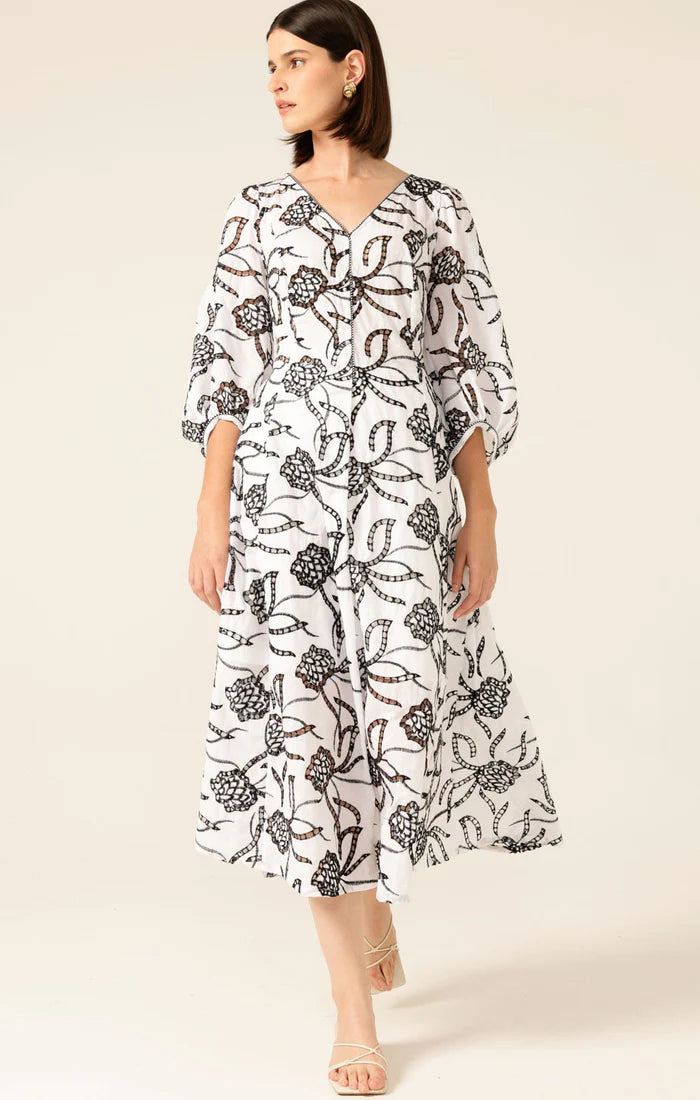 Radiant Realm Midi Dress - White/Black Embroidery