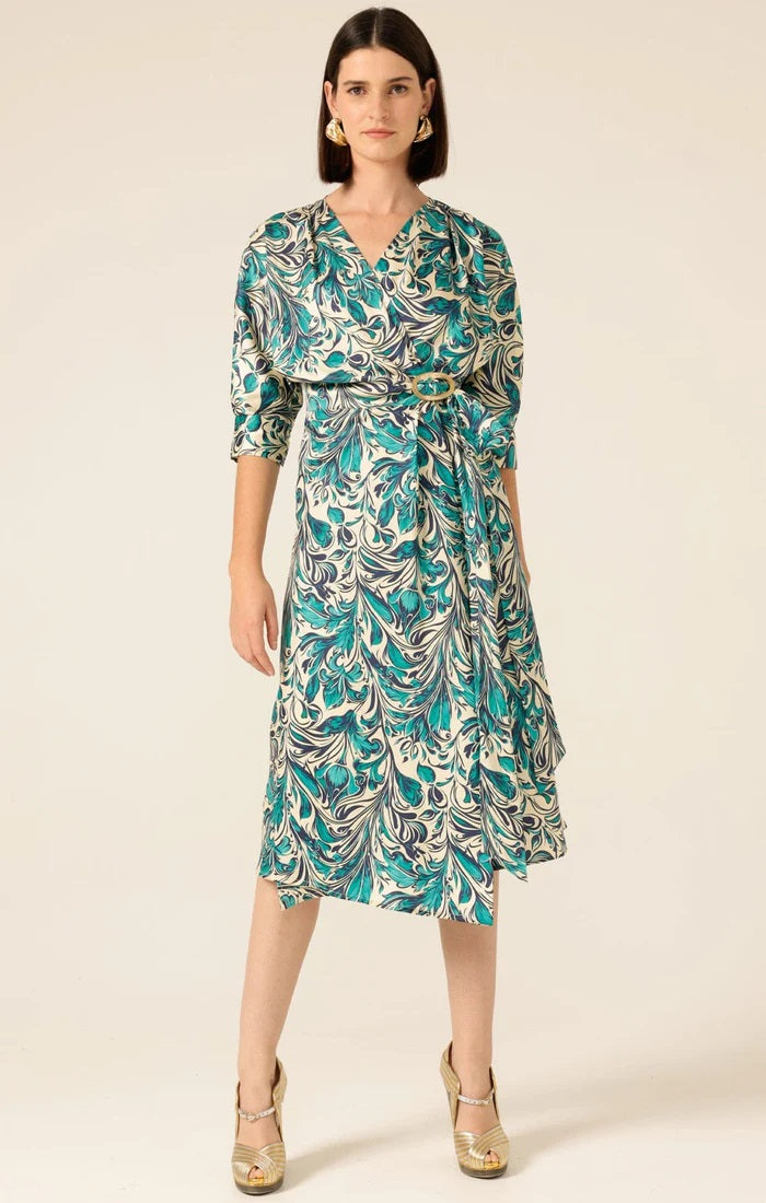 Whimsy Woods Wrap Dress - Teal Cream Baroque