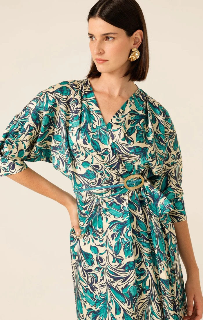 Whimsy Woods Wrap Dress - Teal Cream Baroque