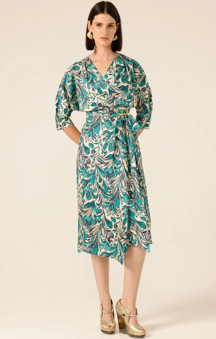 Whimsy Woods Wrap Dress - Teal Cream Baroque
