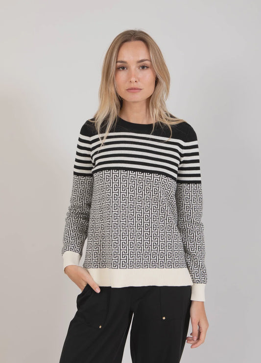 Knit Jaquard with Round Neck - Black/Cream