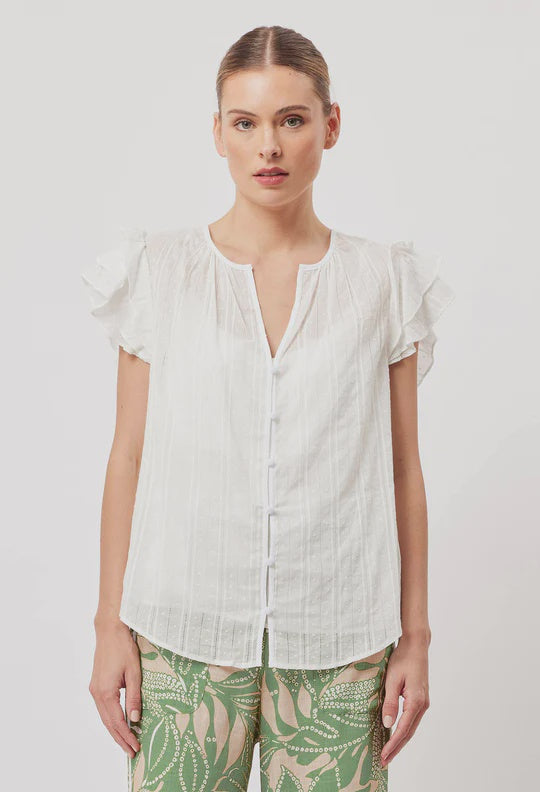Elena Cotton Double Ruffle Blouse - White