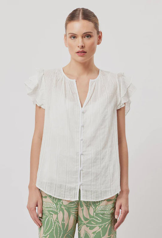 Elena Cotton Double Ruffle Blouse - White