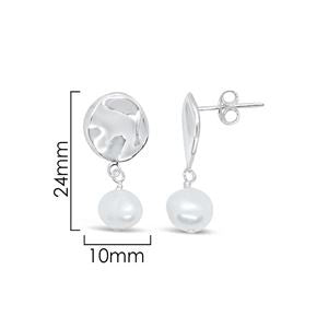 925 SS Beaten Stud with Freshwater Pearl Earring - Silver