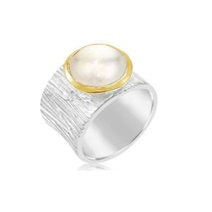 925 SS Pearl Ring with Gold Trim - Silver