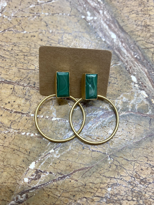 Square Earring w Hoop - Green/Gold