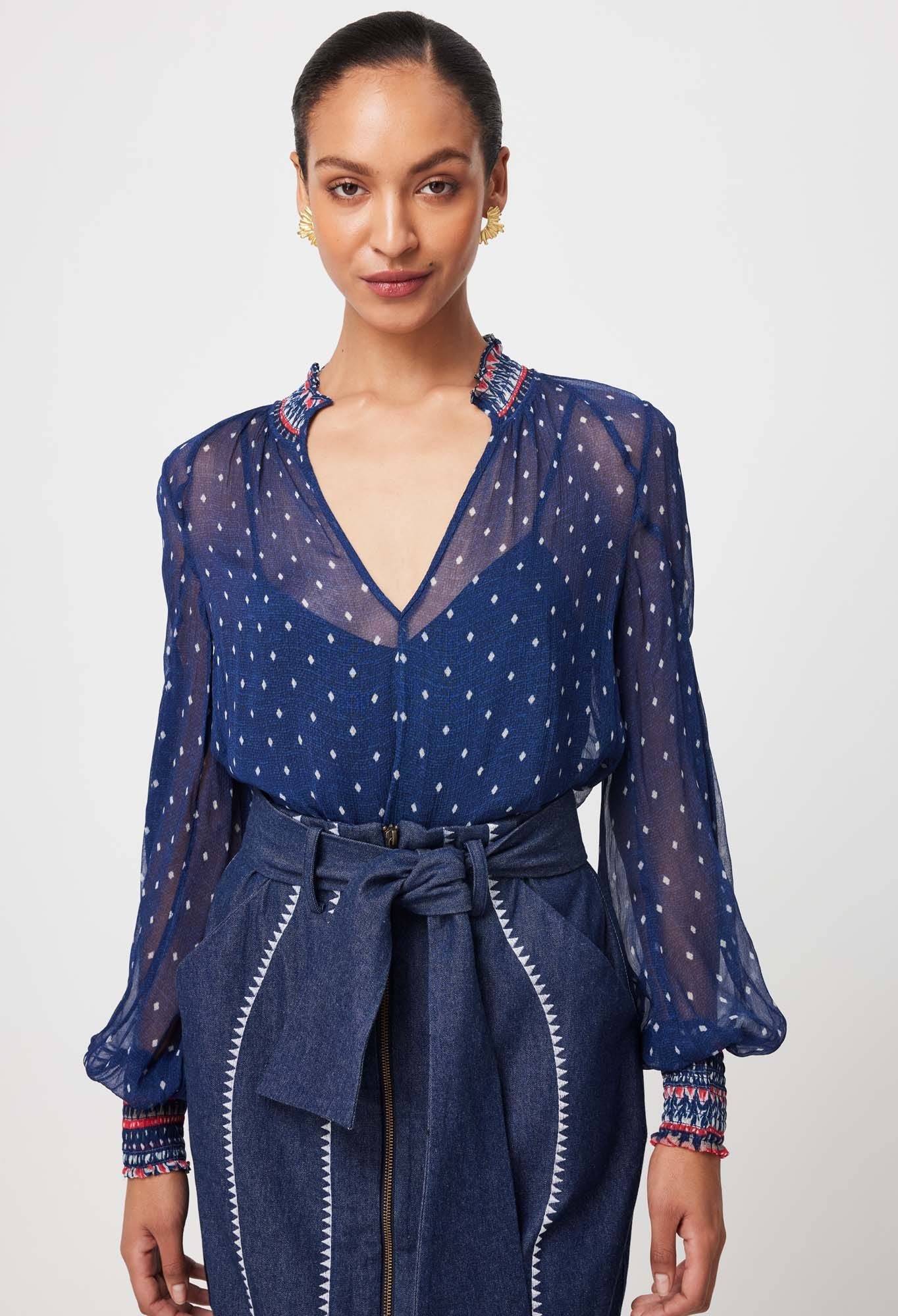 Phoenix Contrast Chiffon Blouse - Lapis Spot