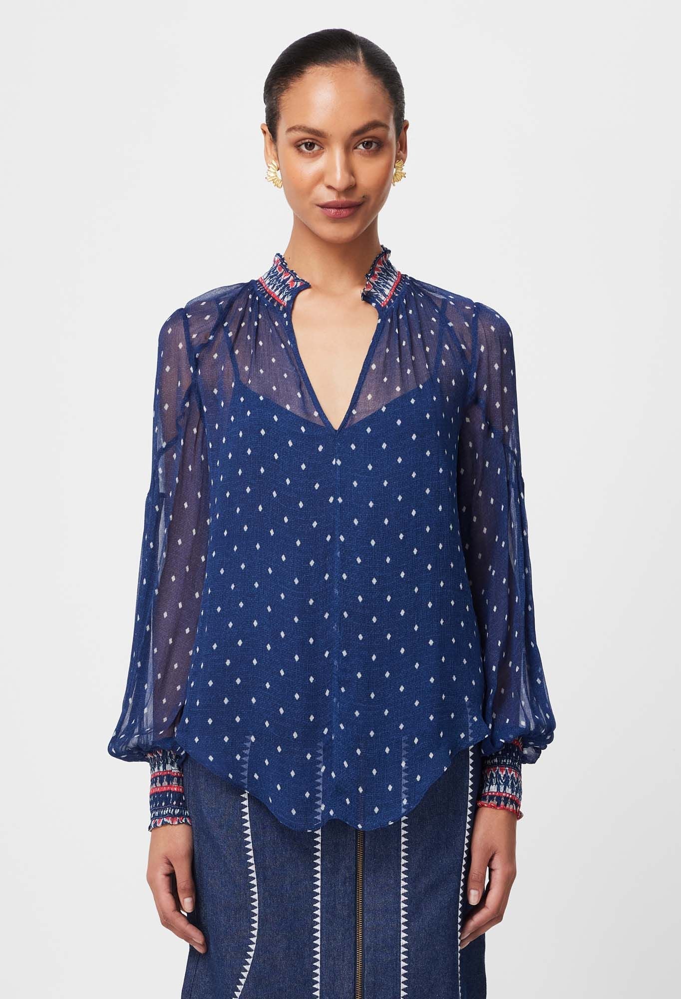 Phoenix Contrast Chiffon Blouse - Lapis Spot