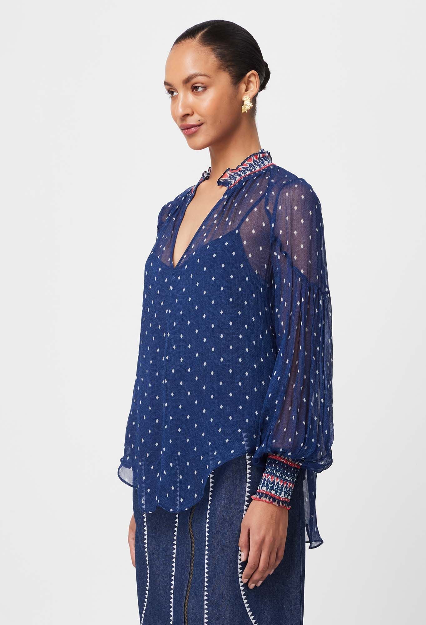 Phoenix Contrast Chiffon Blouse - Lapis Spot