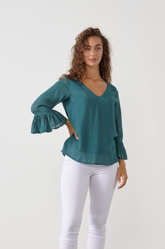 Ruffle Sleeve Blouse - Teal