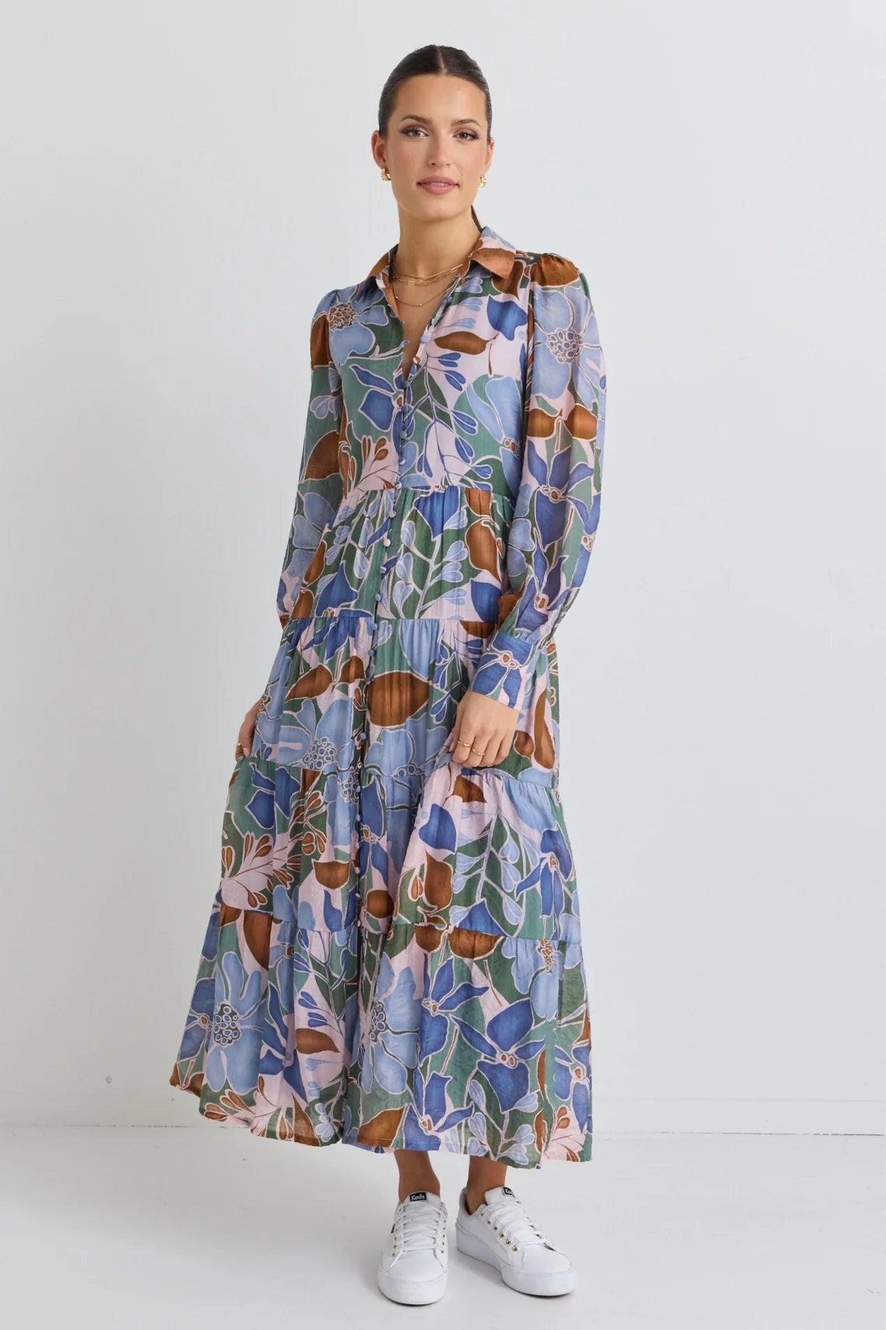 Adair Tiered Shirt Style Maxi Dress - Khaki Floral