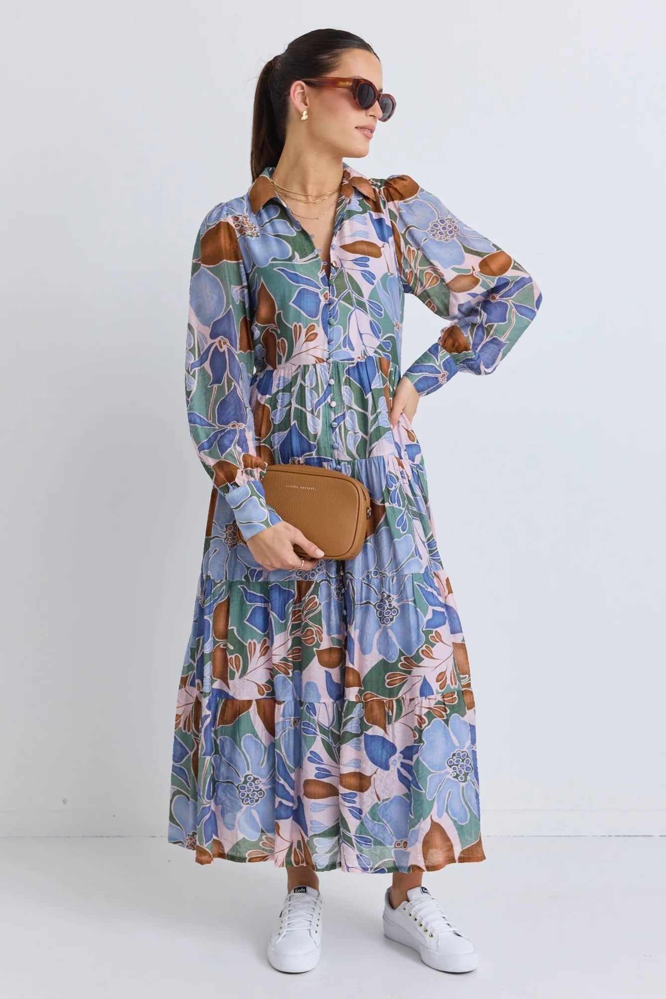 Adair Tiered Shirt Style Maxi Dress - Khaki Floral