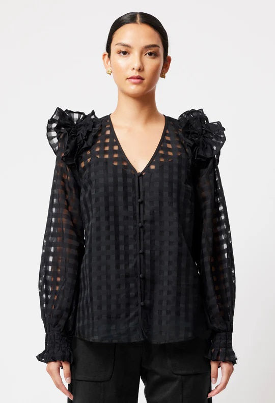 Aqulia Cotton Silk Self Check Blouse - Black