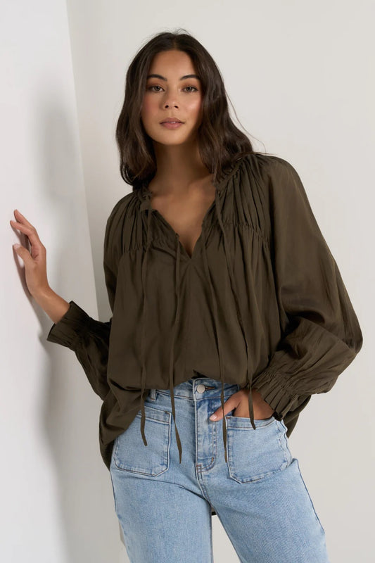 Artist Tie Front Relaxed Gathered Top - Olive