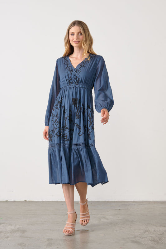 Contrast Embroidery Dress - Navy