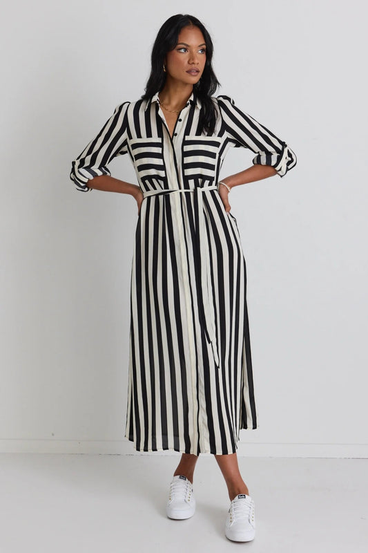 Cyprus Shirt Midi Dress - Black/White Stripe