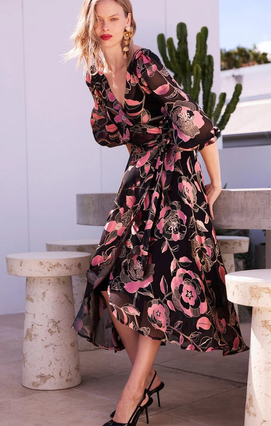 Dawn Peach Wrap Dress - Black Pink Floral