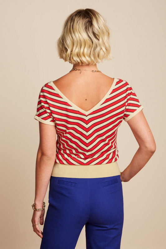 Double V neck Top Port Stripe - Fiery Red