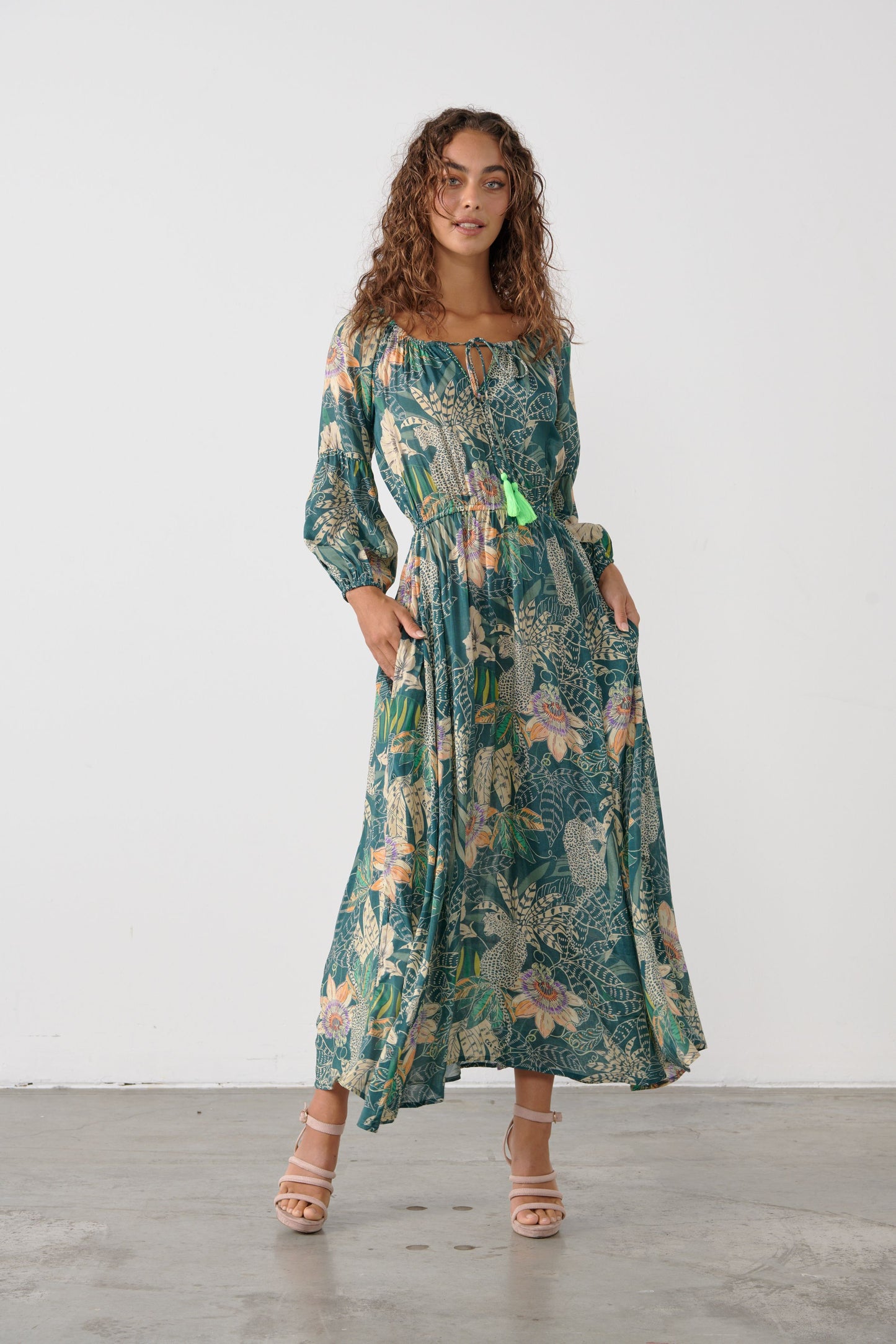 Elastic Neckline Dress - Jungle Print