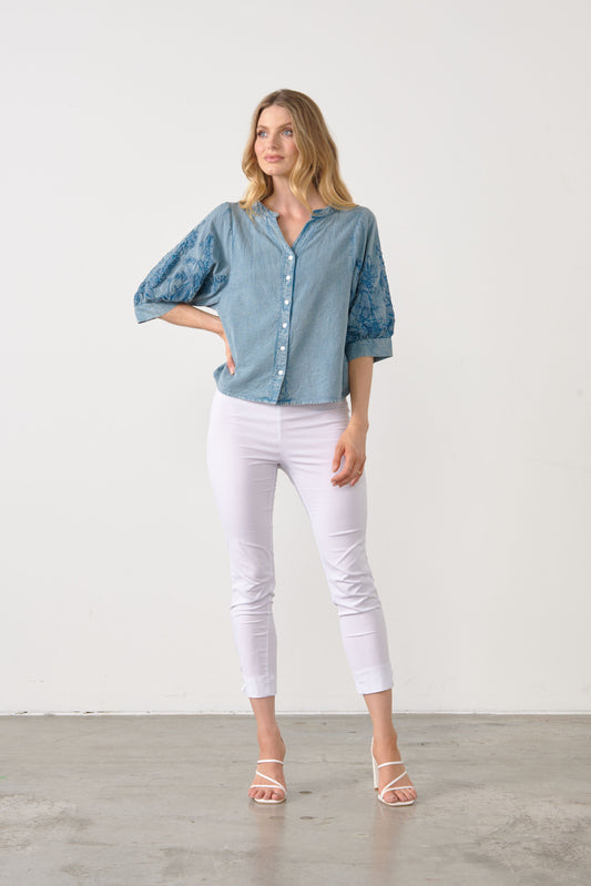 Embroidered Sleeve Blouse - Denim