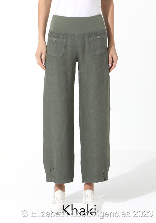 Linen Pant with Buttons - Khaki