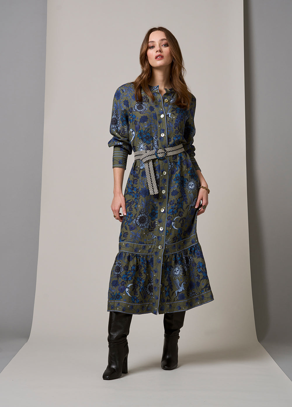 Greenwich Midi Dress - Olive Multi