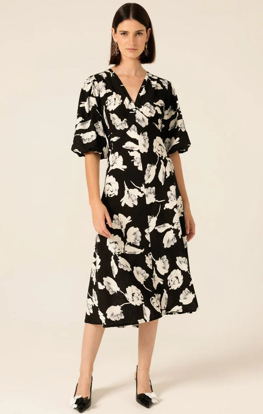 Moonbeam Meadow Midi Dress - Black/White Flower