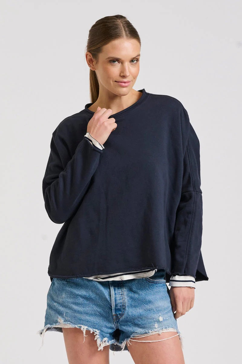 Raw Long Sleeve High-Low Sweatshirt - French Navy