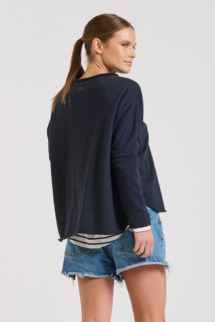 Raw Long Sleeve High-Low Sweatshirt - French Navy