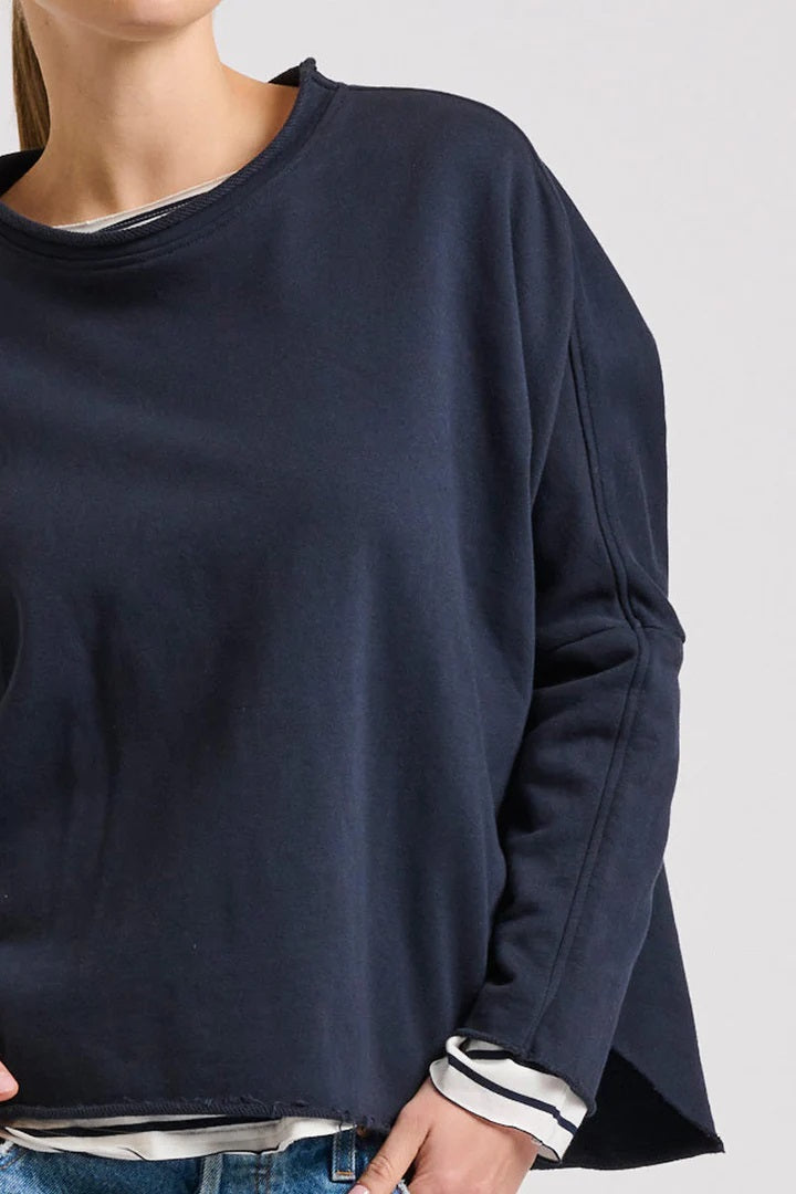 Raw Long Sleeve High-Low Sweatshirt - French Navy