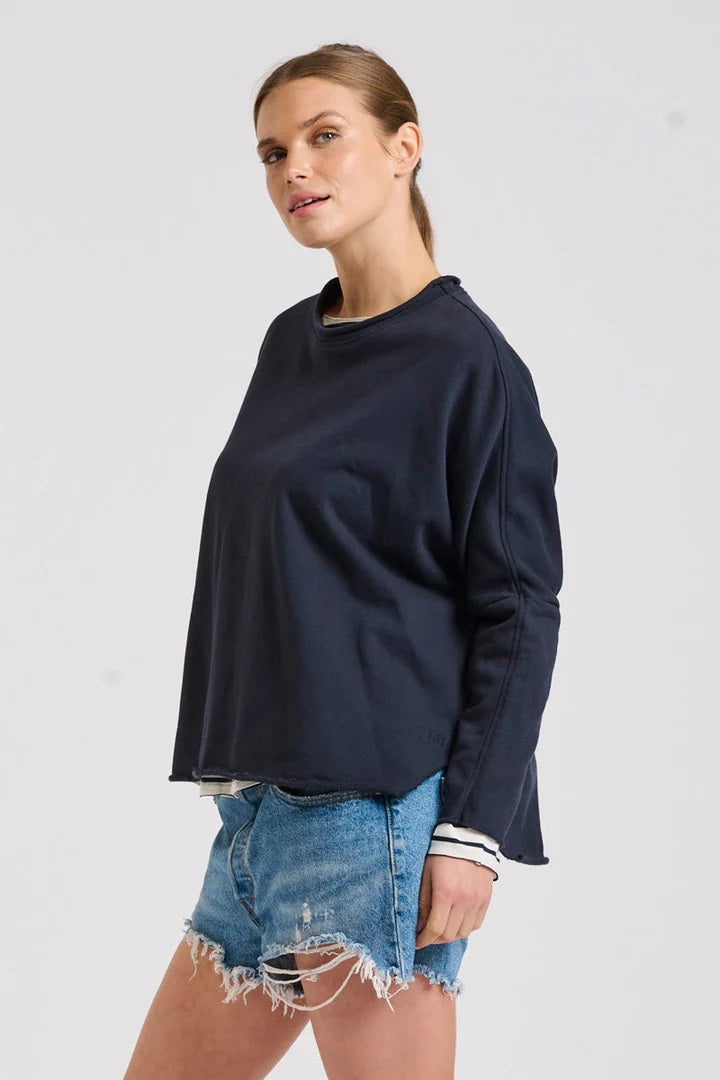 Raw Long Sleeve High-Low Sweatshirt - French Navy