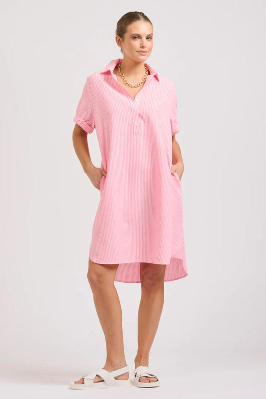 The Katie Short Sleeve Popover Shirt Dress - Bright Pink Stripe