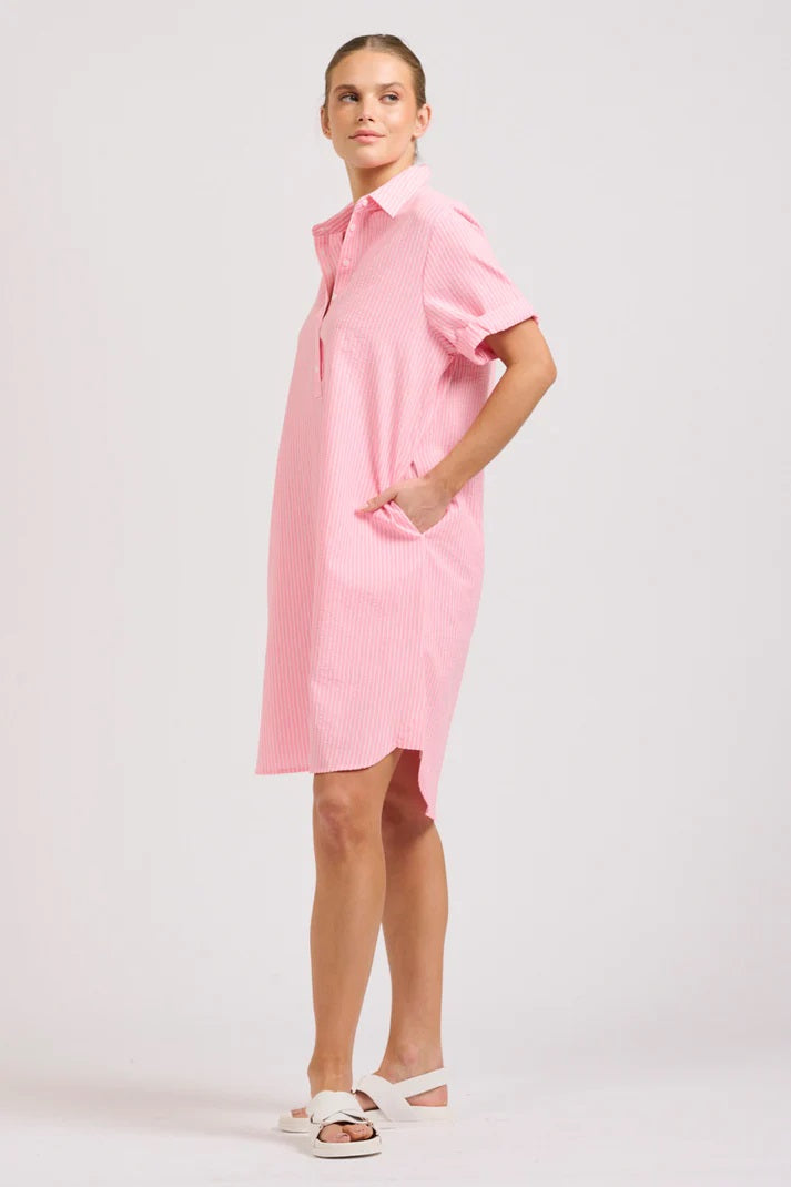 The Katie Short Sleeve Popover Shirt Dress - Bright Pink Stripe