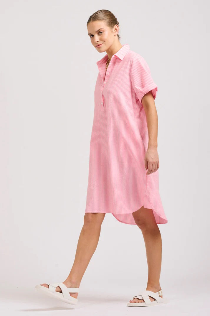 The Katie Short Sleeve Popover Shirt Dress - Bright Pink Stripe