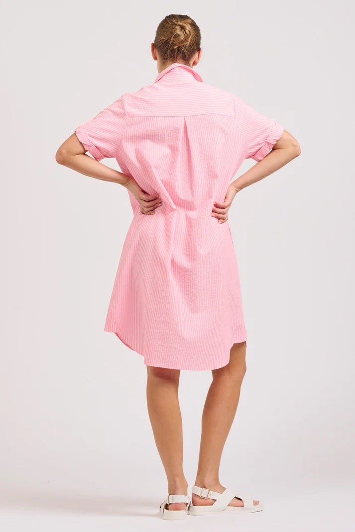 The Katie Short Sleeve Popover Shirt Dress - Bright Pink Stripe