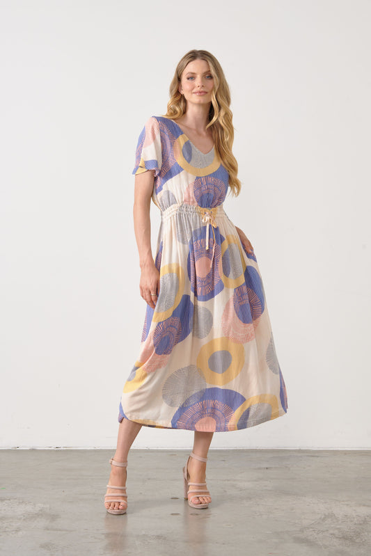 V Neck Dress with Drawstring Waist - Circles Print