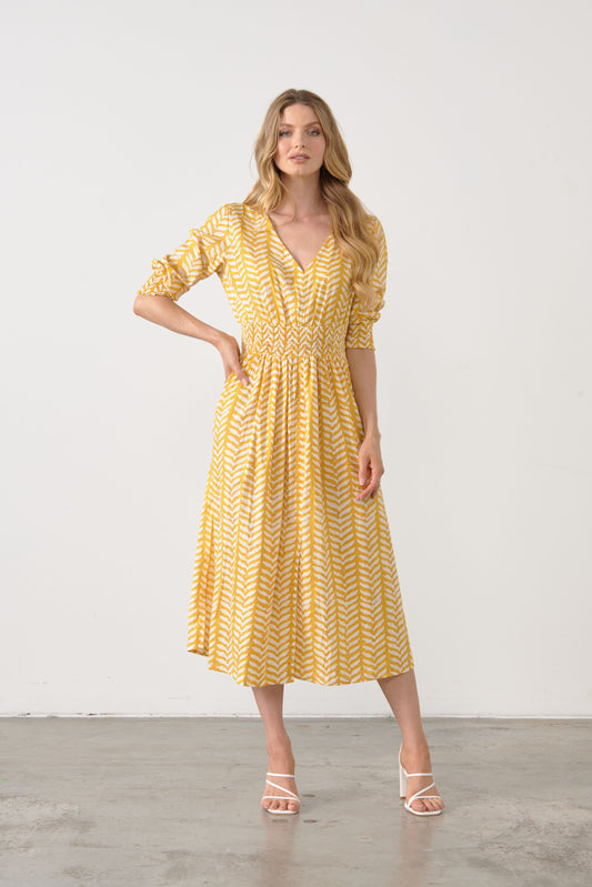 V Neck Dress with Shirred Waist - Mustard/Cream