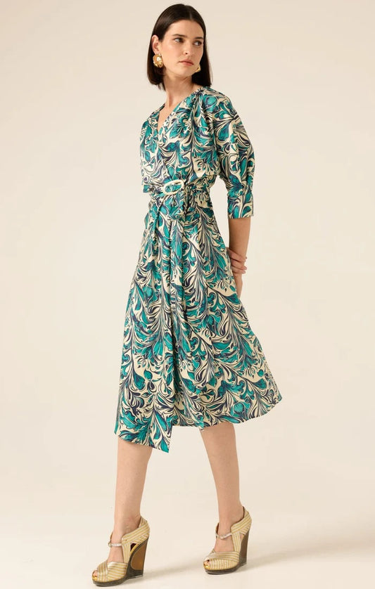 Whimsy Woods Wrap Dress - Teal Cream Baroque