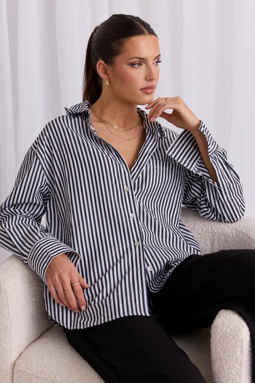 You Got This Striped Poplin Oversized Shirt - Black