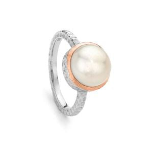 SS Pearl Ring w Rose Gold Trim - Silver