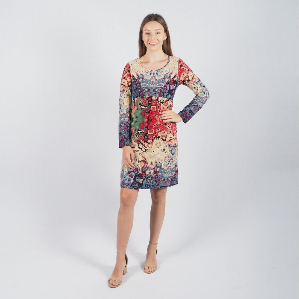 Long Sleeve A-Line Dress - Blue/Pink Swirl Print