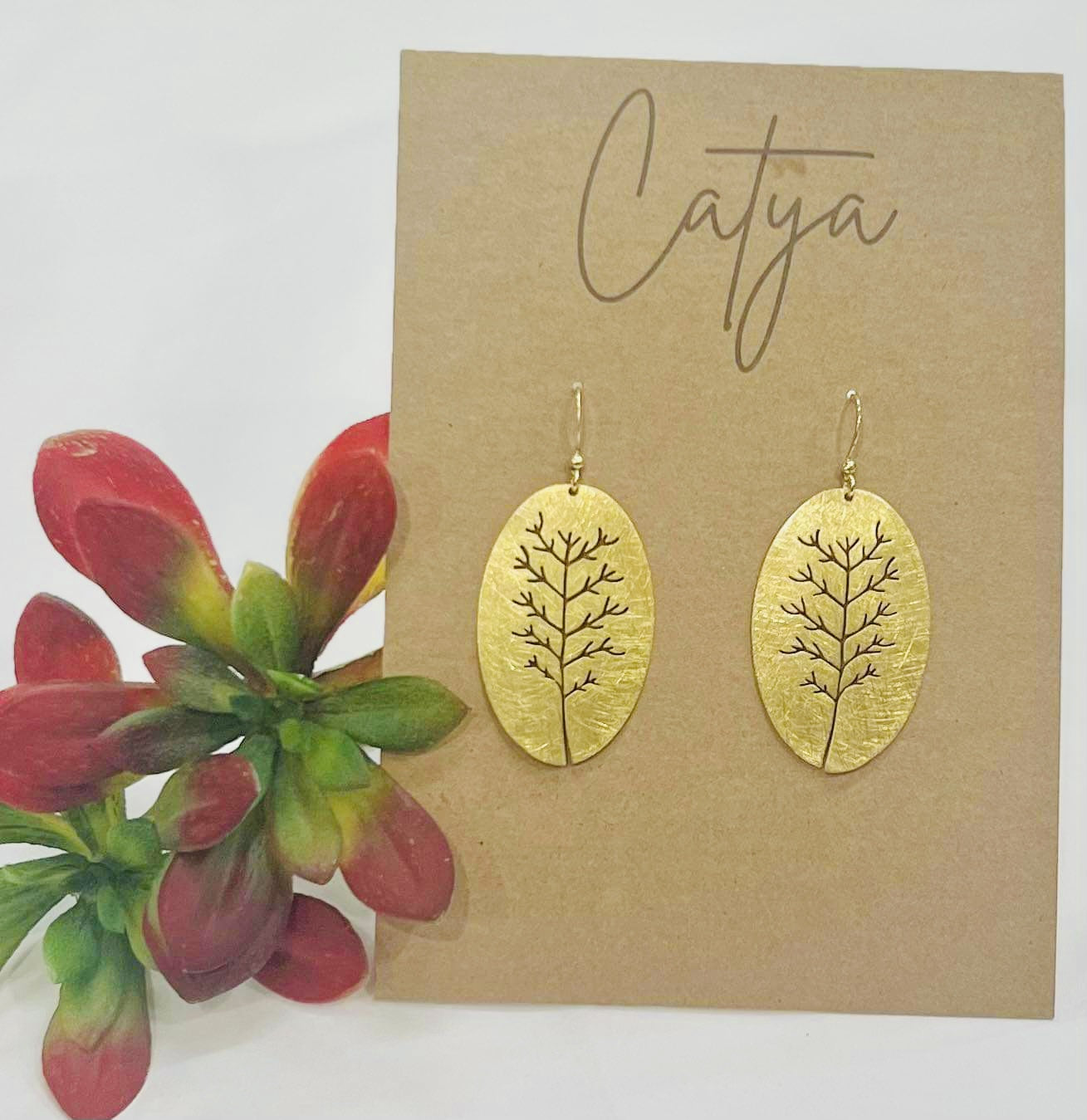 Oval Tree Earrings - Brass