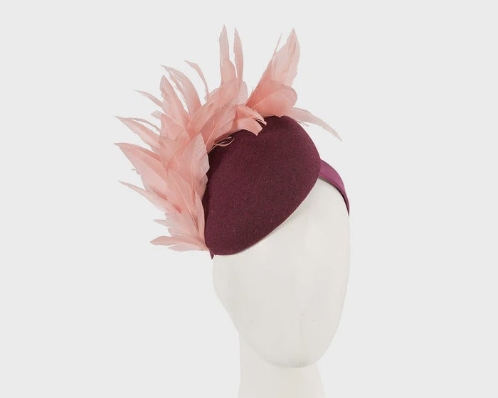 Winter Pillbox with Feathers - Wine/Pink