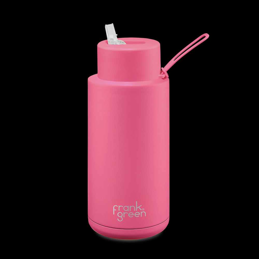 Ceramic Reusable Bottle with Straw Lid - Neon Pink